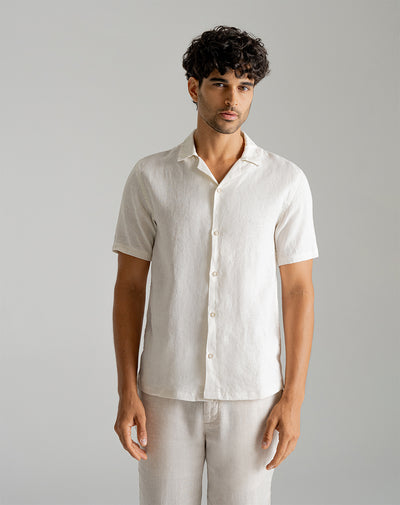 Camisa en lino relaxed fit manga corta habana