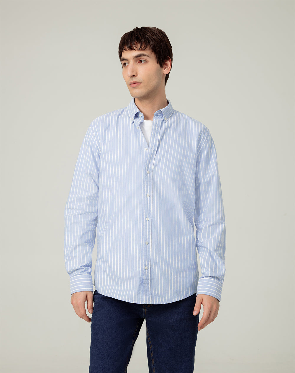 Camisa regular fit manga larga azul con rayas