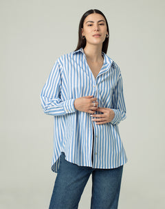 Camisa oversized fit manga larga azul con rayas