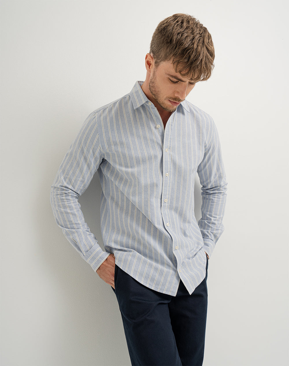 Camisa regular fit manga larga azul con rayas