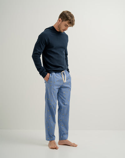 Pantalón regular fit tiro medio azul estampado